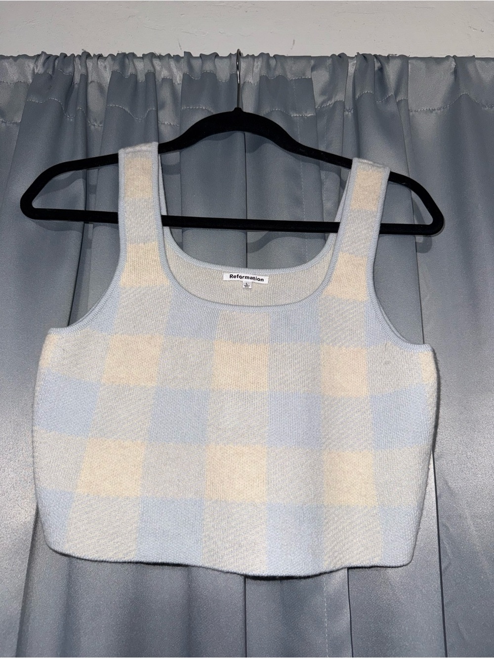 Reformation Light Blue & Cream Check Cropped Knit Tank